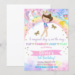 Unicorn head gymnastics brunette girl birthday. invitation