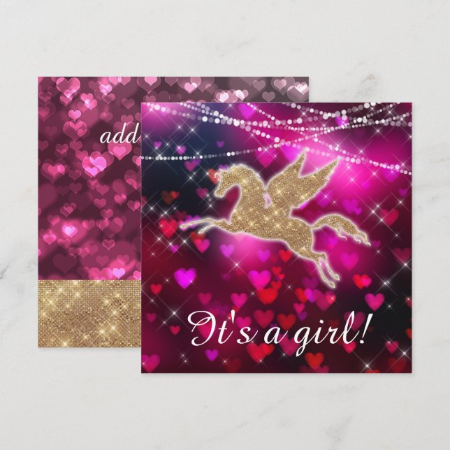 Unicorn Hearts Pink Baby Girl Shower Invitation (Front/Back)