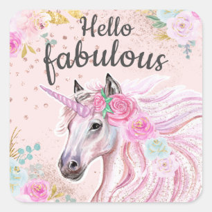 Unicorn Hello Fabulous Pink Floral Gold Glitter Square Sticker