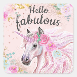 Unicorn Hello Fabulous Pink Floral Gold Glitter Square Sticker