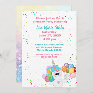 Unicorn Holding Balloons Birthday Invitation