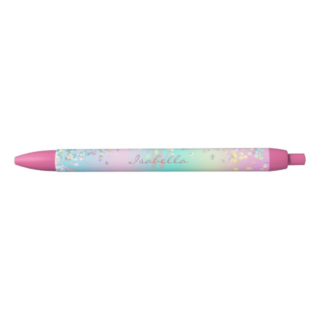 Unicorn Holographic Glitter Black Ink Pen (Front)