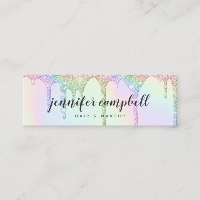 Unicorn holographic glitter drips glam makeup hair mini business card (Front)