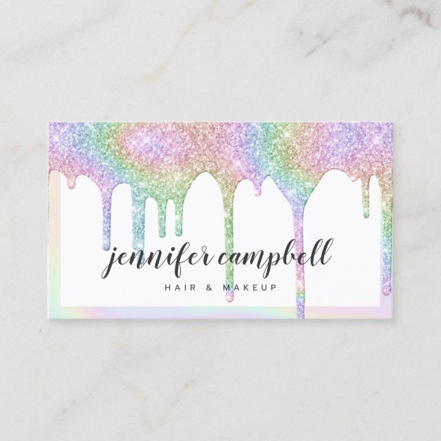 Unicorn holographic glitter drips white makeup business card (Front)