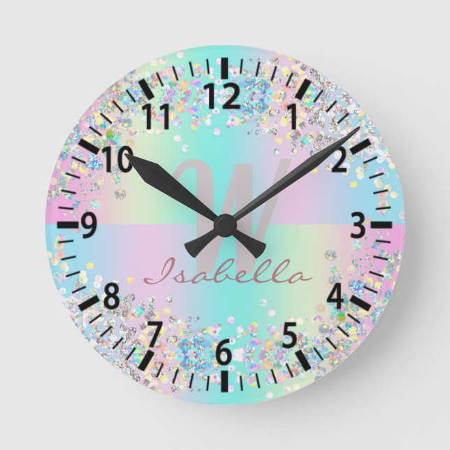 Unicorn Holographic Glitter Round Clock (Front)