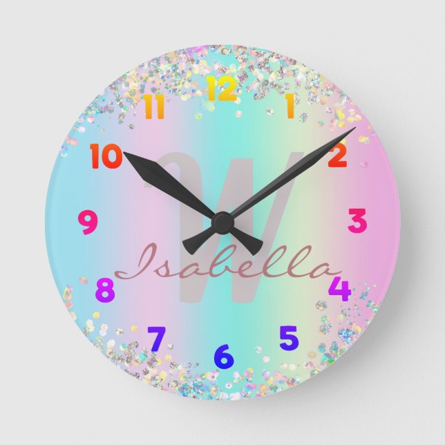 Unicorn Holographic Glitter Round Clock (Front)