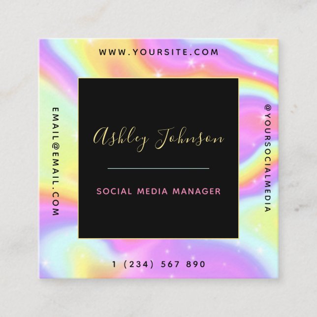 Unicorn Holographic Sparkly Social Media Manager Square Business Card (Front)