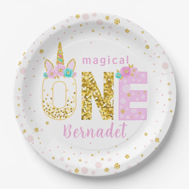 Unicorn Horn 1st Birthday Gold Glitter Confetti Paper Plate (Front)