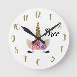 Unicorn Horn Gold Glitter Floral Fantasy Custom Round Clock