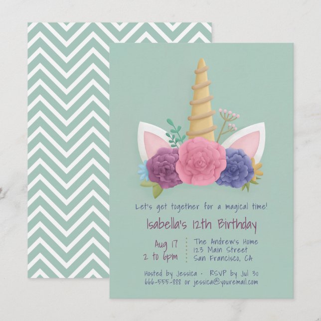 Unicorn Horn Spring Floral Girls Birthday Party Invitation (Front/Back)
