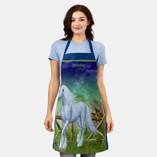 Unicorn Horse Walking Through Gate Personalised Apron (Worn)