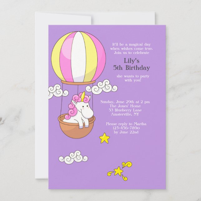 Unicorn Hot Air Balloon Invitation (Front)