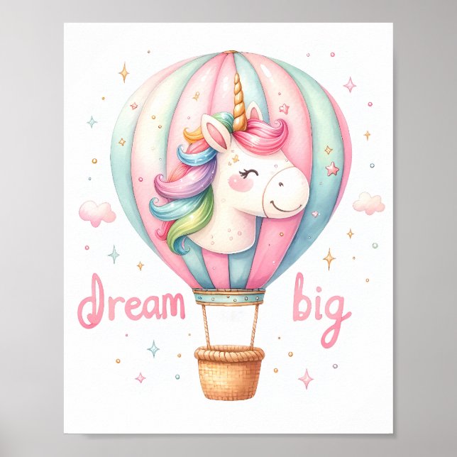 Unicorn Hot Air Balloon Nursery Art Poster (Front)