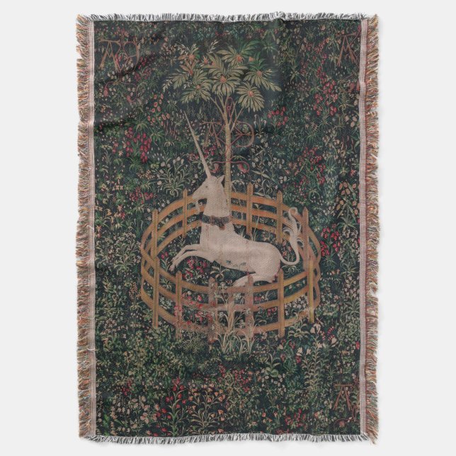Unicorn Hunt Medieval Art - Unicorn Rests in Garde Throw Blanket (Front Vertical)