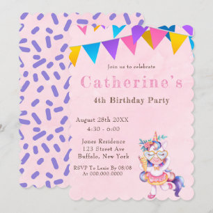 Unicorn Ice Cream Cone Birthday Party Invitations 