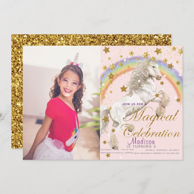 Unicorn Illustration Party Magical Birthday Photo Invitation (Front/Back)