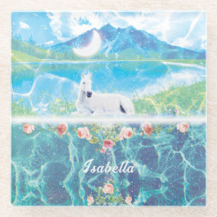 Unicorn in a paradise dream world  glass coaster