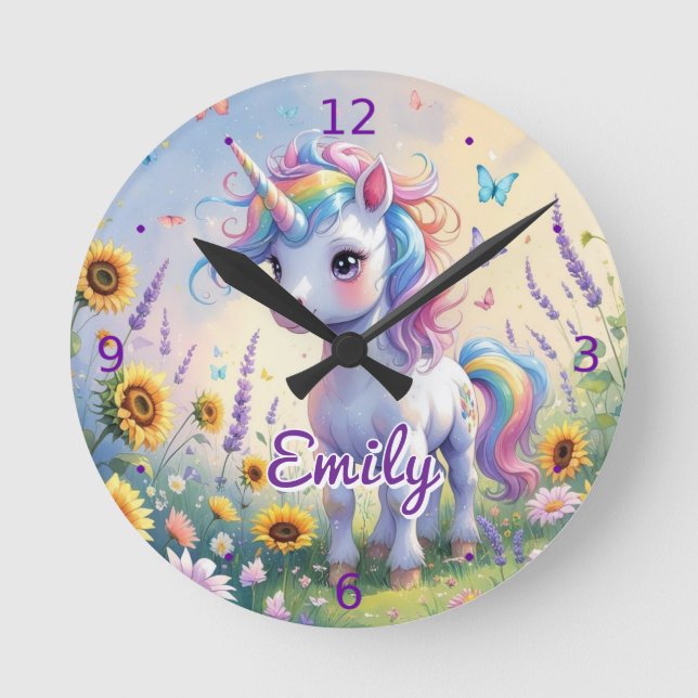 Unicorn in Flower Garden Personalised Wall Clock (Front)