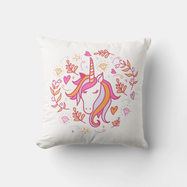 Unicorn in Pink and Orange T-Shirt Cushion (Front)
