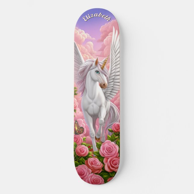 Unicorn in Pink Sky with Roses Fantasy Art Skateboard (Front)