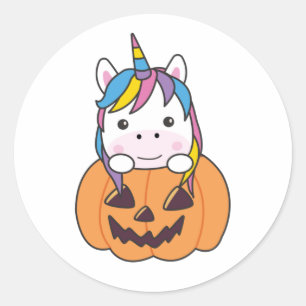Unicorn In Pumpkin Cute Unicorns Happy Halloween Classic Round Sticker