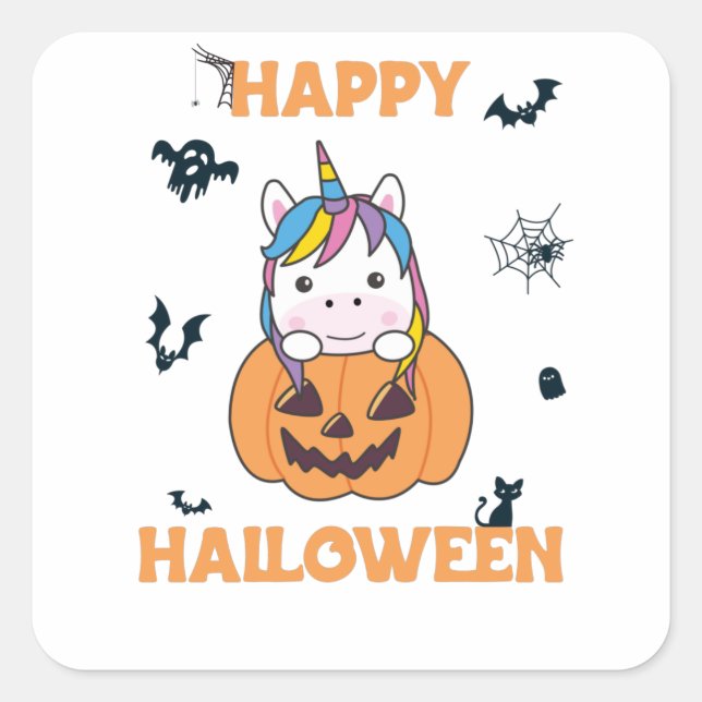Unicorn In Pumpkin Cute Unicorns Happy Halloween Square Sticker (Front)