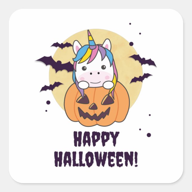 Unicorn In Pumpkin Cute Unicorns Happy Halloween Square Sticker (Front)