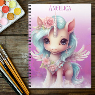 Unicorn in purplepink sky, clouds and stars & name notebook