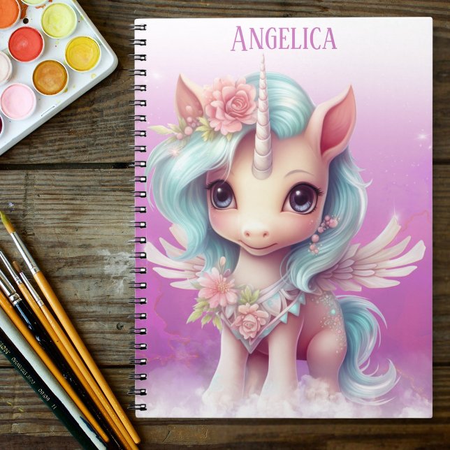 Unicorn in purplepink sky, clouds and stars & name notebook (Creator Uploaded)