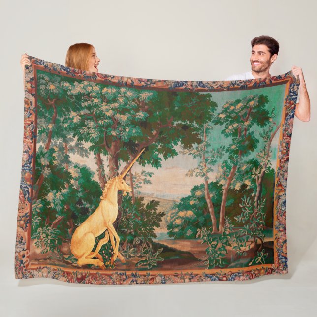 UNICORN IN WOODLAND LANDSCAPE,TREES,GREEN PINK FLEECE BLANKET (In Situ)