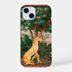 UNICORN IN WOODLAND LANDSCAPE,TREES,GREEN PINK iPhone 15 CASE