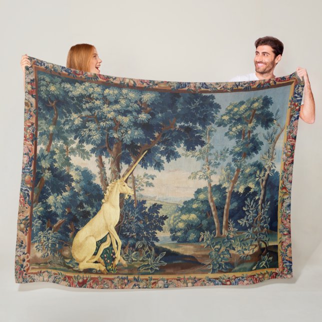 UNICORN IN WOODLAND LANDSCAPE,TREES,GREENERY FLEECE BLANKET (In Situ)