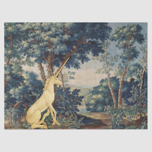 UNICORN IN WOODLAND LANDSCAPE,TREES,GREENERY TISSUE PAPER (Front)