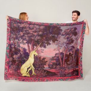 UNICORN IN WOODLAND LANDSCAPE,TREES,PINK BLUE FLEECE BLANKET