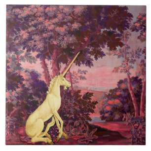 UNICORN IN WOODLAND LANDSCAPE,TREES,Pink Blue Tile
