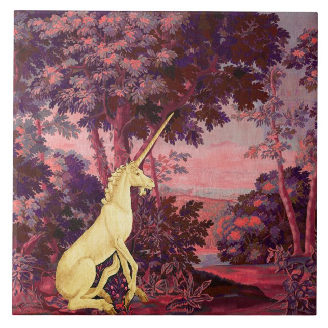 UNICORN IN WOODLAND LANDSCAPE,TREES,Pink Blue Tile (Front)