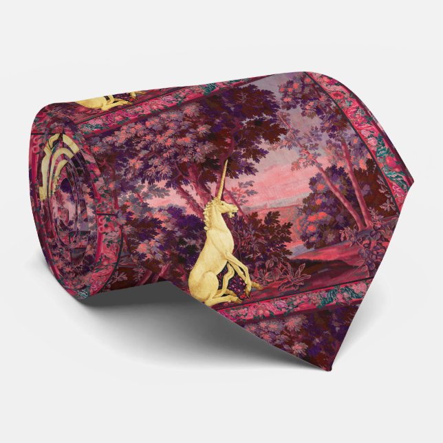 UNICORN IN WOODLAND LANDSCAPE,TREES Pink Greenery Tie (Rolled)