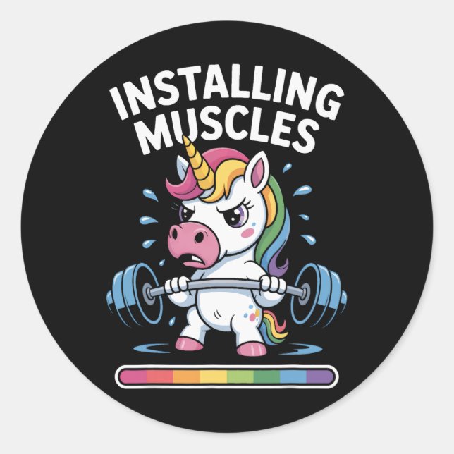 Unicorn Installing Muscles Please Wait Bodybuildin Classic Round Sticker (Front)