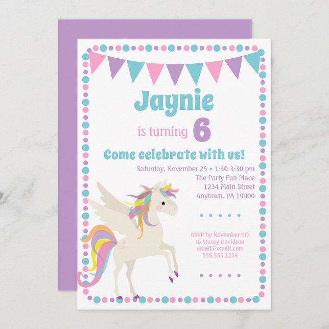 Unicorn Invitation Girls Unicorn Birthday Party (Front/Back)