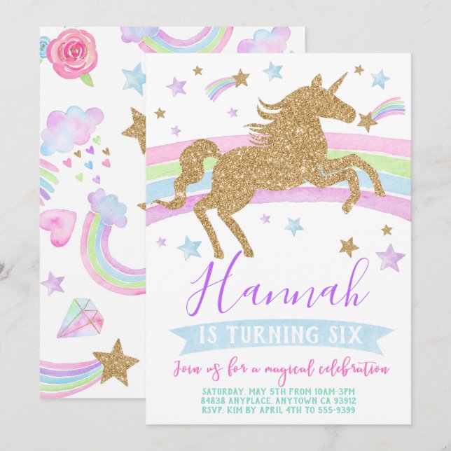 Unicorn invitation gold rainbow birthday party (Front/Back)