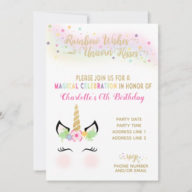 Unicorn Invitation | RAINBOW GOLD (Front)