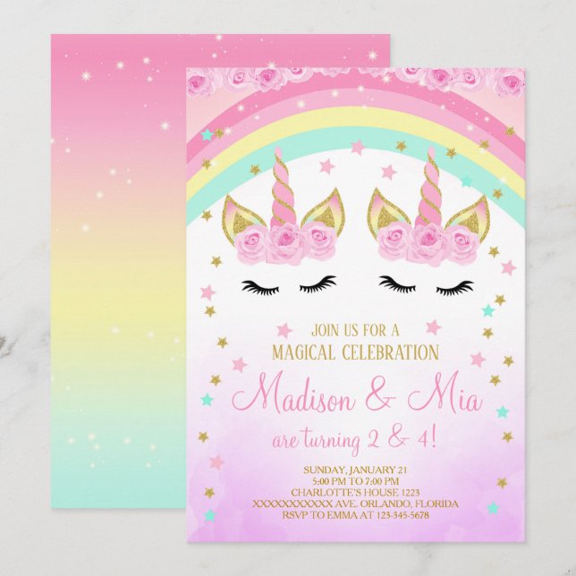 Unicorn Invitation, Twins Unicorn Invitation (Front/Back)