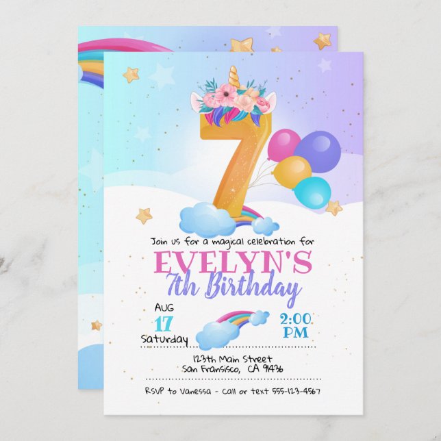 Unicorn invitation, Unicorn 7th Birthday Invitation (Front/Back)