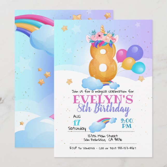 Unicorn invitation, Unicorn 8th Birthday Invitation (Front/Back)