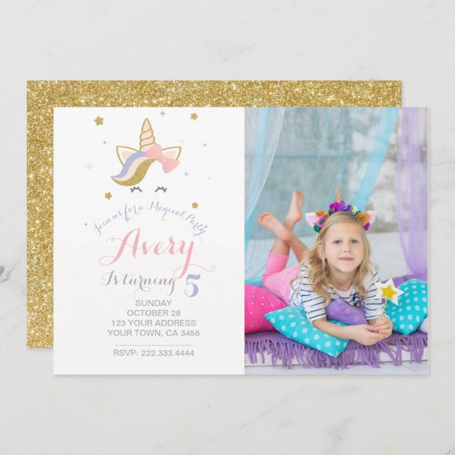 Unicorn Invitation with picture (Front/Back)