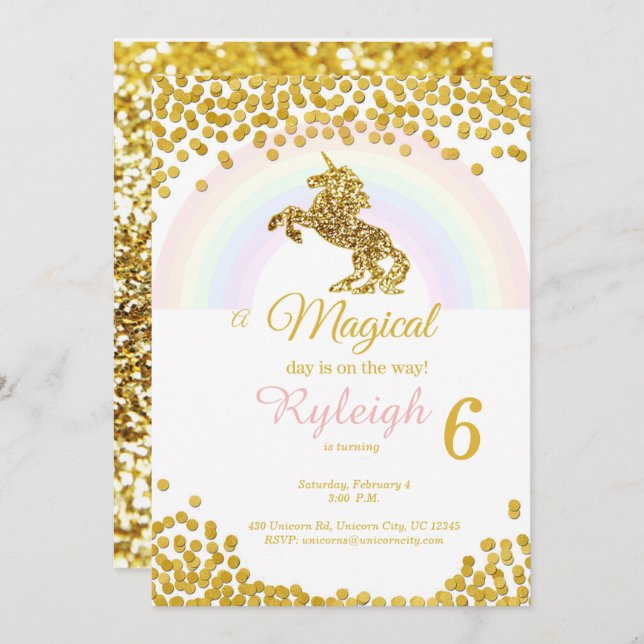 Unicorn invitations in gold (Front/Back)