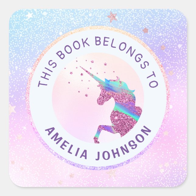 Unicorn Iridescent Pink Blue This Book Belongs To Square Sticker (Front)