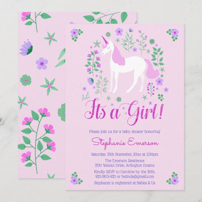Unicorn Its A Girl Pink Baby Shower Invitation (Front/Back)