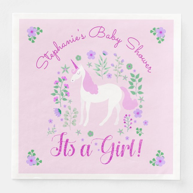 Unicorn Its A Girl Pink Baby Shower Personalised Napkin (Front)