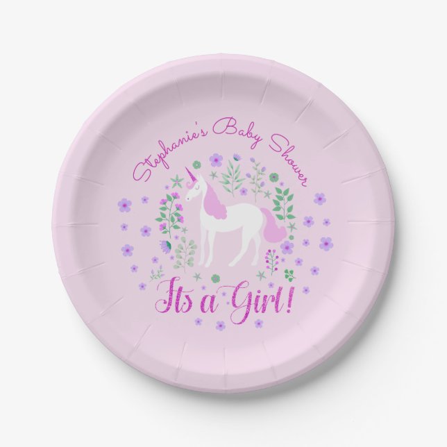 Unicorn Its A Girl Pink Baby Shower Personalised Paper Plate (Front)